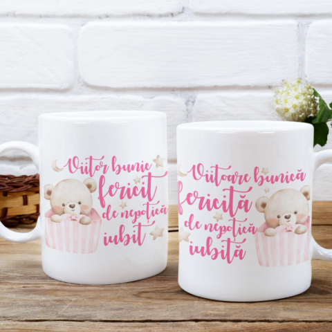 Cani personalizate - Set 2 Cani Personalizate - Viitori bunici fericiti de nepotica iubiti ursulet  