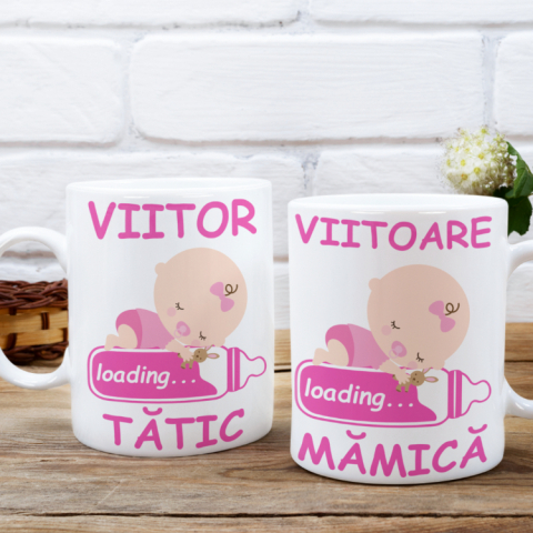 Set 2 Cani Personalizate - Viitori parinti fericiti bebe fetita  
