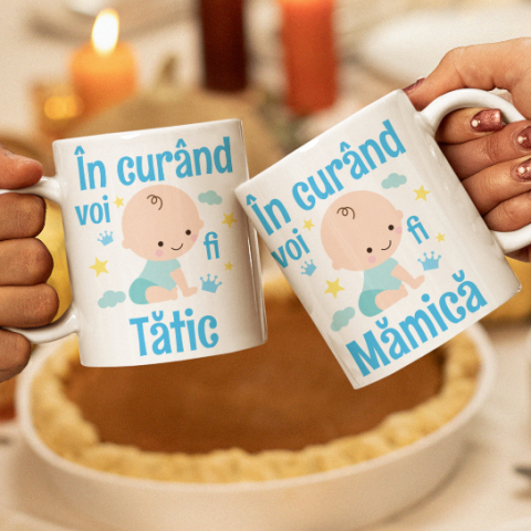 Cani pentru mama si tata - Set 2 Cani Personalizate Viitori Parinti - In curand voi fi mamica / tatic baietel  