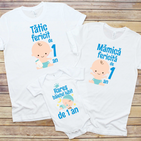 Set Tricouri si Body Familie - Set 3 Tricouri Aniversare Copii - Mamica si tatic fericit de 1 an baietel  