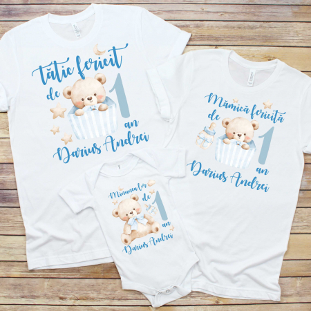 Tricouri Personalizate - Set 3 Tricouri Aniversare Copii - Mamica si tatic fericit de 1 an baietel ursulet  
