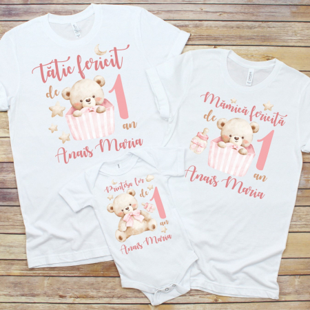 Set Tricouri si Body Familie - Set 3 Tricouri Aniversare Copii - Mamica si tatic fericit de 1 an fetita ursulet  