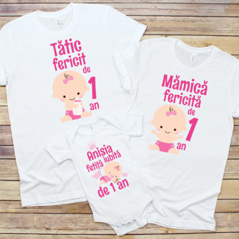 Set Tricouri si Body Familie - Set 3 Tricouri Aniversare Copii - Mamica si tatic fericit de 1 an fetita  