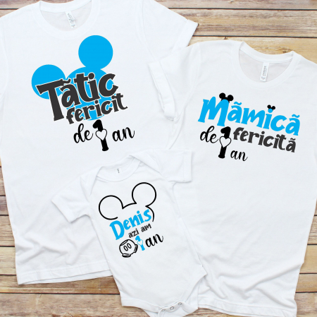 Tricouri Personalizate - Set 3 Tricouri Aniversare Copii - Mamica Tatic Fericit 1 An Mickey Mouse  