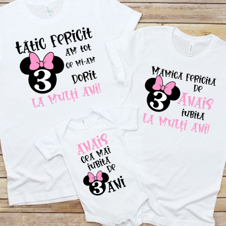 Tricouri Personalizate - Set 3 Tricouri Aniversare Copii - Mamica Tatic Fericit si Iubit 3 Ani Minnie  