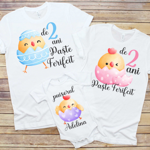 Tricouri de Paste - Set 3 Tricouri Familie - De 2 ani paste fericit cu nume  
