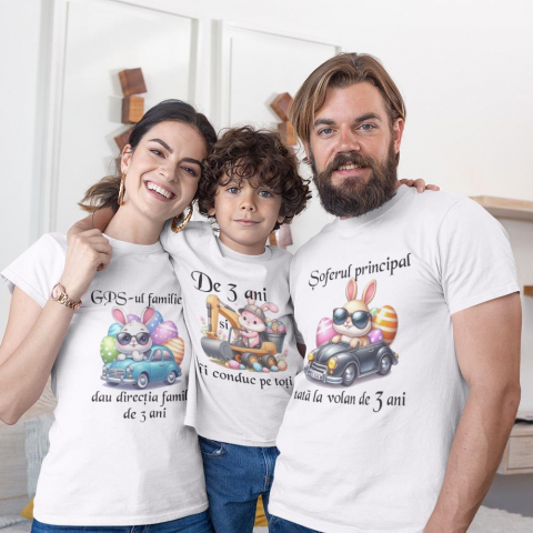 Tricouri de Paste - Set 3 Tricouri Familie - De 3 ani ii conduc pe toti  iepurasi la volan  