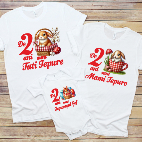 Tricouri de Paste - Set 3 Tricouri Familie - Mami Iepure  Tati iepure si Ipeurasul sef  