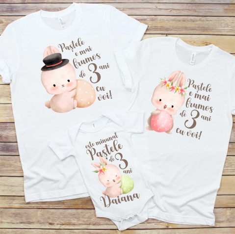 Tricouri de Paste - Set 3 Tricouri Familie - Pastele e mai frumos de 3 ani iepurasi  