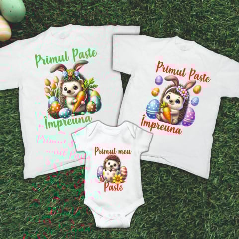 Tricouri de Paste - Set 3 Tricouri Familie - Primul Paste impreuna  