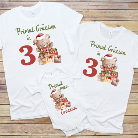 Set Tricouri si Body Familie - Set 3 Tricouri Personalizate si Body Craciun - Primul Claciun in 3 Ursulet  