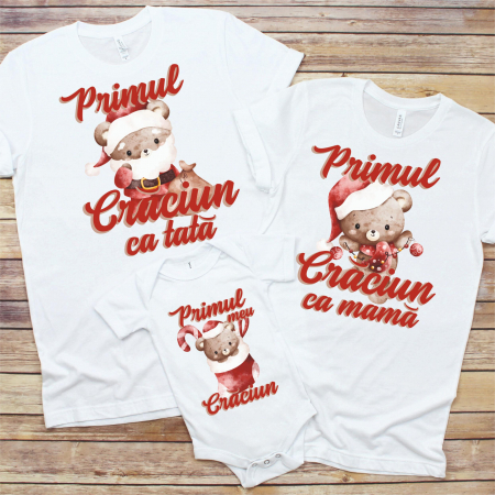 Set Tricouri si Body Familie - Set 3 Tricouri Personalizate si Body Craciun - Primul meu craciun  primul Craciun ca mama/tata  