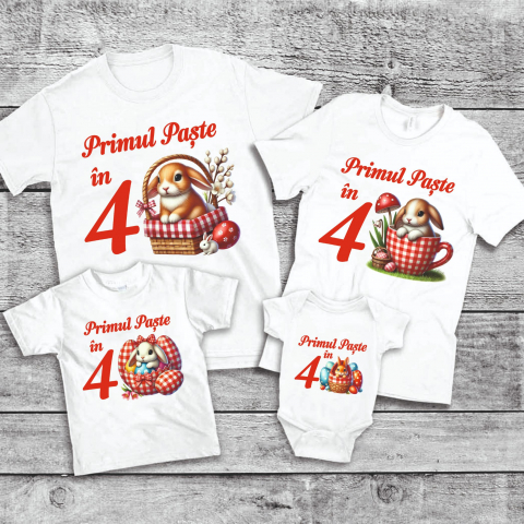 Tricouri de Paste - Set 4 Tricouri Personalizate si Body Paste - Primul Paste in 4 iepurasi