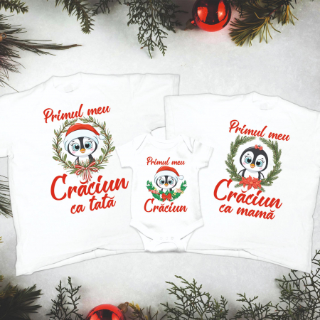 Tricouri Personalizate - Set 3 Tricouri Personalizate si Body - Primul Craciun ca Mama/Tata  Primul meu Craciun Pinguin  