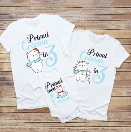 Tricouri Sarbatori - Set 3 Tricouri Personalizate si Body - Primul Craciun in 3 Urs Polar  