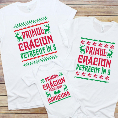 Tricouri Sarbatori - Set 3 Tricouri Personalizate si Body - Primul Craciun petrcut in 3  