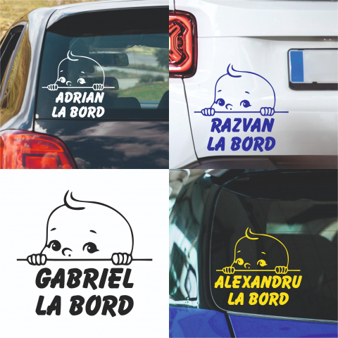 Stickere Auto - Sticker Auto Baby On Board - Bebe la bord baiatel + nume