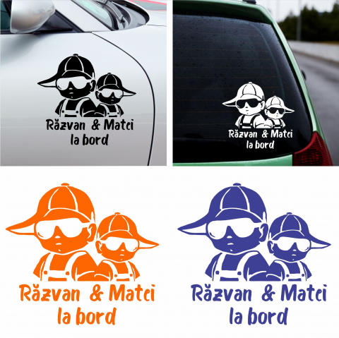 Stickere Auto - Sticker Auto Baby On Board - Frati la bord cu nume