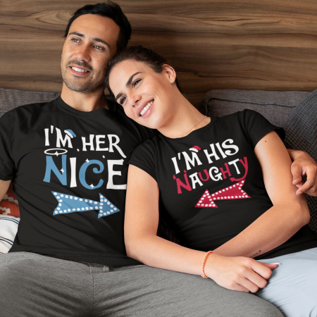 Tricouri Craciun - Set 2 Tricouri Cuplu Craciun Personalizate - Naughty And Nice  