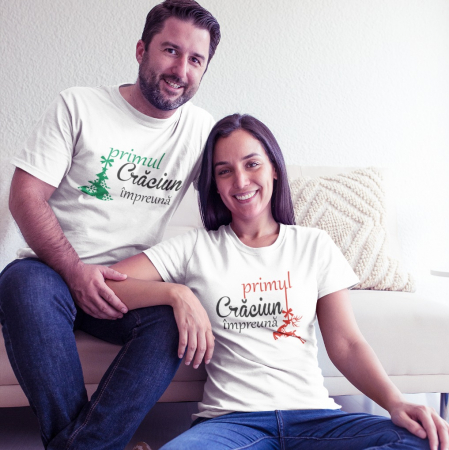 Tricouri Cuplu - Set 2 Tricouri Cuplu Personalizate Craciun - Primul Craciun Impreuna  