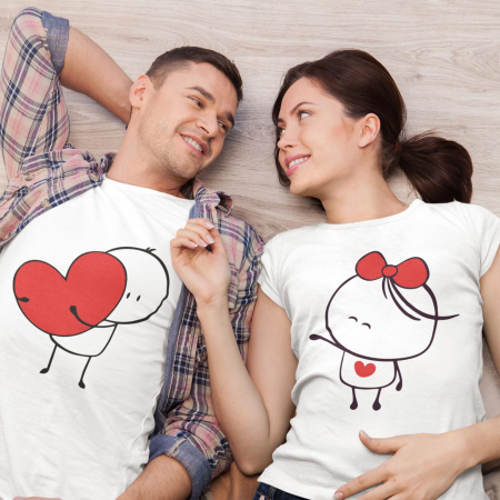 Cadouri de Valentine's Day - Set 2 Tricouri Cuplu Personalizate - Cuplu Inimioare  