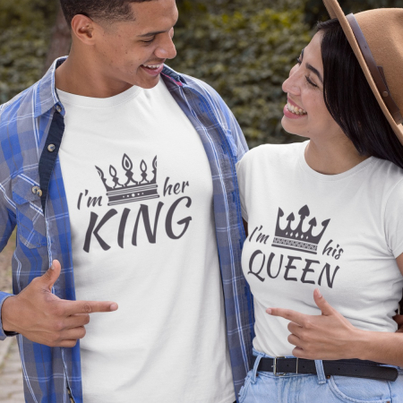 Tricouri Cuplu - Set 2 Tricouri Cuplu Personalizate - Her King / His Queen  