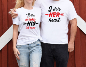 Tricouri pentru Sot si Sotie - Set 2 Tricouri Cuplu Personalizate - I Stole Her Heart / I'm Stealing His Last Name  