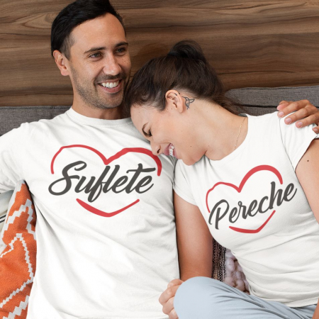 Cadouri de Valentine's Day - Set 2 Tricouri Cuplu Personalizate - Suflete Pereche Inima  