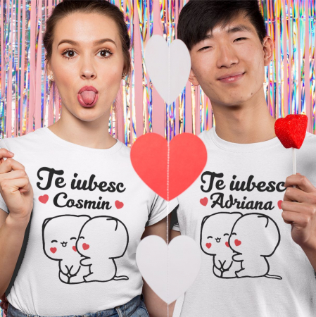 Cadouri de Valentine's Day - Set 2 Tricouri Cuplu Personalizate - Te Iubesc Cu Nume Pisicute  