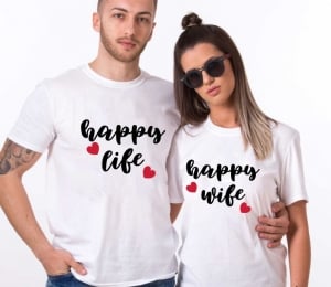 Set 2 Tricouri Cuplu Personalizate - Happy wife happy life   [1]