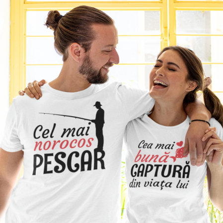 Tricouri Personalizate - Set 2 Tricouri Personalizate Cuplu - Cel mai norocos pescar cea mai buna captura  