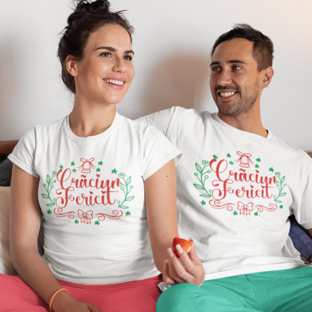 Tricouri Craciun - Set 2 Tricouri Personalizate Cuplu - Craciun Fericit Clopotel  