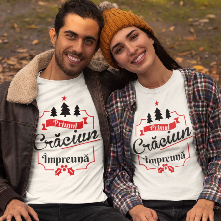 Tricouri Craciun - Set 2 Tricouri Personalizate Cuplu - Primul Craciun Impreuna Brad  