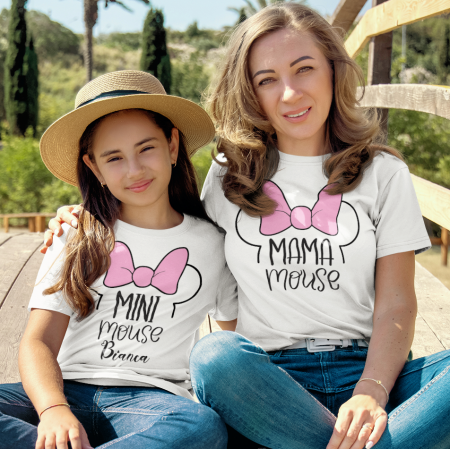 Tricouri Pentru Mama Si Fiica - Set 2 Tricouri Personalizate - Mama Mouse And Mini Mouse Cu Nume  