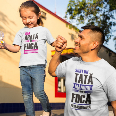 Tricouri Pentru Tata si Fiica - Set 2 Tricouri Personalizate Tata Si Fiica - Tata Mandru De Fata Extraordinara  