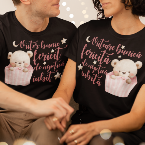 Tricouri Pentru Bunici - Set 2 Tricouri Personalizate - Viitori bunici fericiti de nepotica iubiti ursulet  
