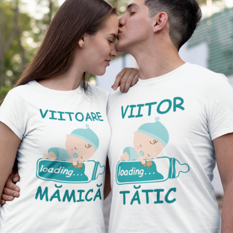 Tricouri Pentru Mama si Tata - Set 2 Tricouri Personalizate - Viitori parinti bebe baietel  