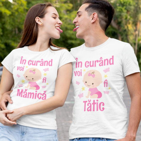 Tricouri Pentru Mama si Tata - Set 2 Tricouri Personalizate - Viitori parinti bebe fetita  