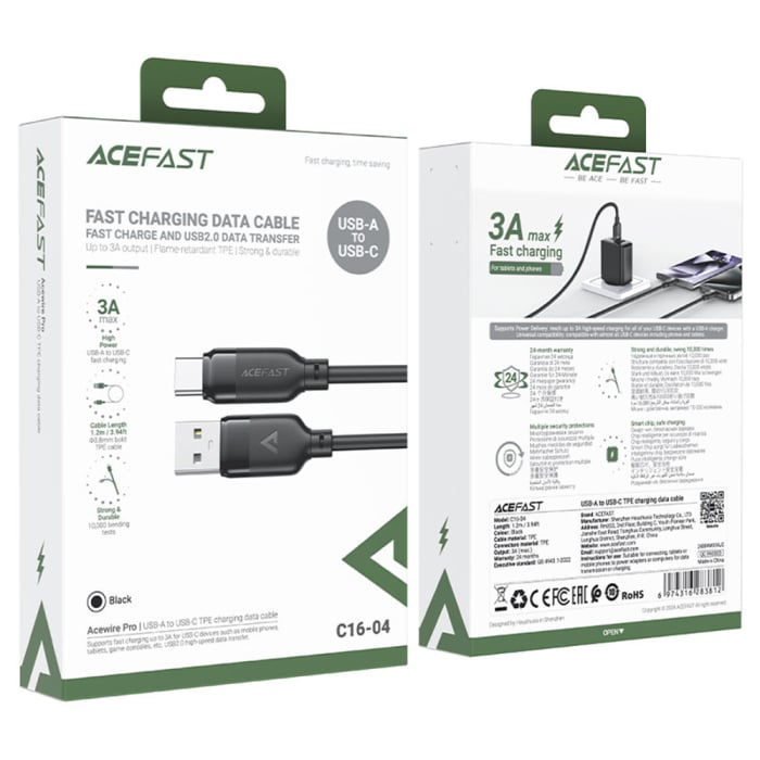 Cablu Acefast  (C16-04) - Fast Charging, USB to Type-C, 3A, BendResistant, 1.2m - Black [4]