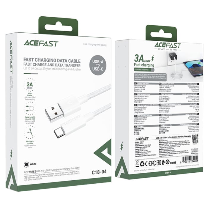Cablu Acefast (C18-04) - USB to Type-C, Fast Charging, 3A, BendResistant, Nylon Braid, 1.2m - White [2]