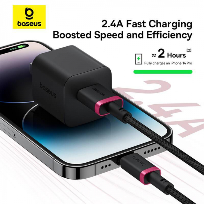 Baseus  Dura Series USB to Lightning, Fast Charging, 2.4A, 480Mbps, Nylon, 2m - Red / Black [6]