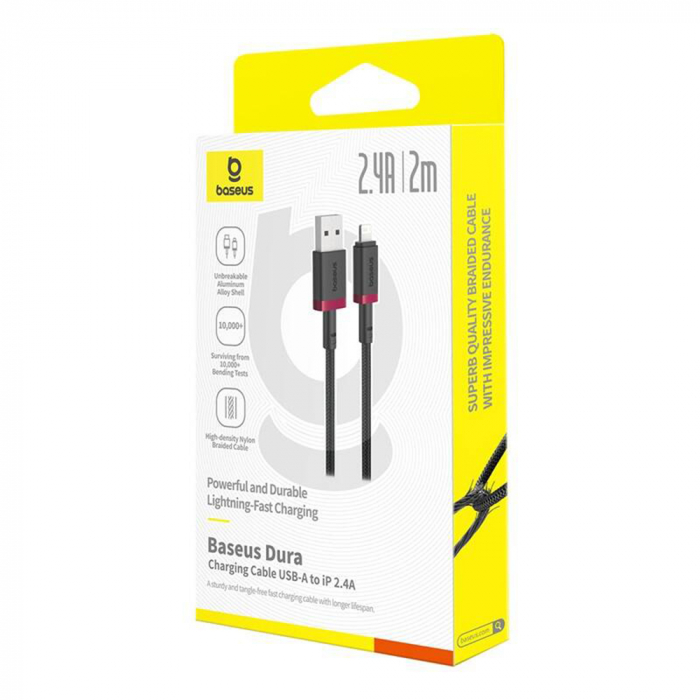Baseus  Dura Series USB to Lightning, Fast Charging, 2.4A, 480Mbps, Nylon, 2m - Red / Black [7]