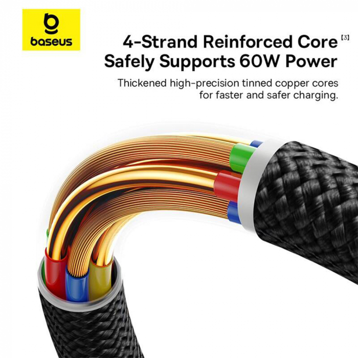 Cablu Baseus Dura Series USB to Type-C, Fast Charging, 60W, 480Mbps, Naylon, 1m - Red / Black [7]