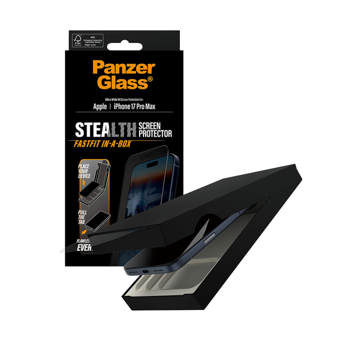 Folie sticla PanzerGlass iPhone 16 Pro Max  / 17 Pro Max- Ultra-Wide Fit Stealth Screen Protector w. FASTFIT IN-A-BOX Black [3]