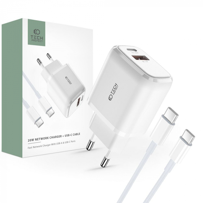Incarcator Tech-Protect C20w mini alb type c/ usb + cablu type c [8]