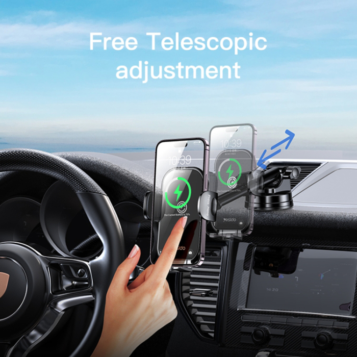 Suport auto cu incarcare wireless Yesido - Car Holder with Wireless Charging (C197) - for Windshield and Dashboard, 15W - Black [2]
