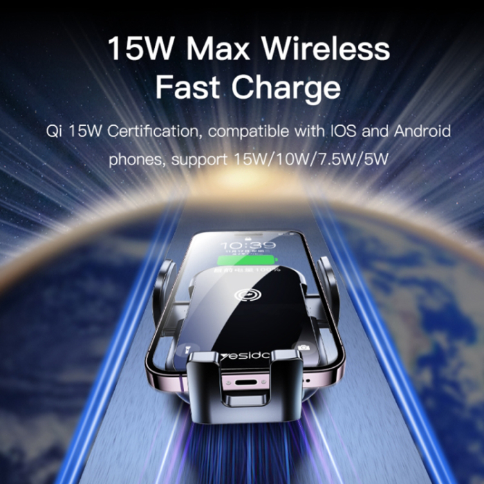 Suport auto cu incarcare wireless Yesido - Car Holder with Wireless Charging (C197) - for Windshield and Dashboard, 15W - Black [5]