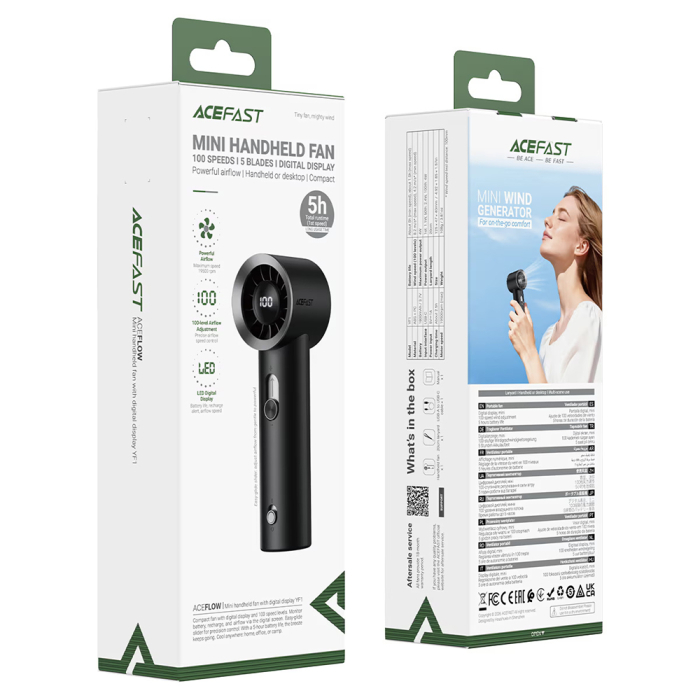 Ventilator portabil Acefast - Portable Mini Fan (YF1) - 100Gear Wind Speed, 19500rpm, 1800mAh, LED Digital Display, USB-C - Black [5]