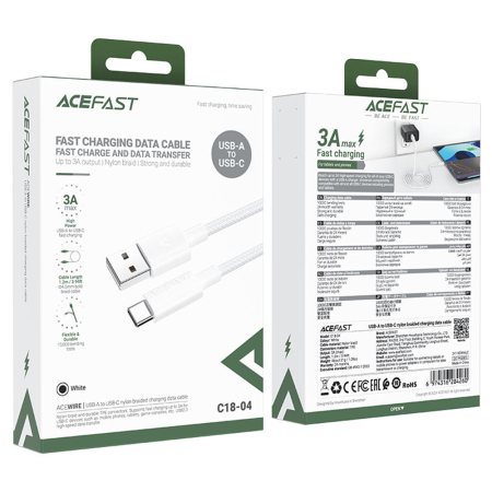 Cablu Acefast (C18-04) - USB to Type-C, Fast Charging, 3A, BendResistant, Nylon Braid, 1.2m - White [1]