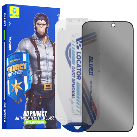 Folie Iphone 15 - Folie sticla iPhone 15 / iPhone 16 Blueo - Anti-Peep Privacy Glass with Applicator Pro Black
